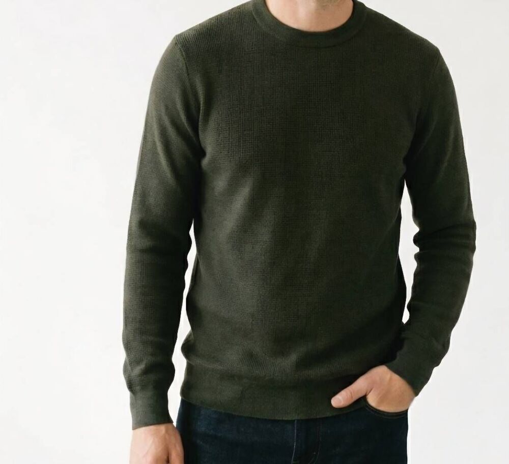 J. Crew Sweater Men's Green Dark Olive Destination Merino Wool Waffle Preppy
